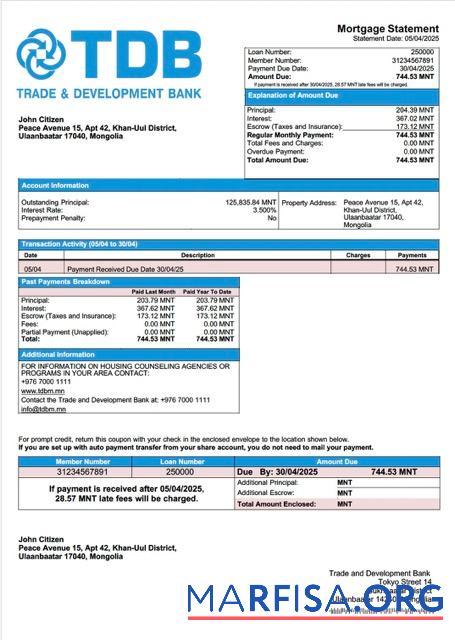 Blank Mongolia Trade and Development Bank mortgage statement Word and PDF template